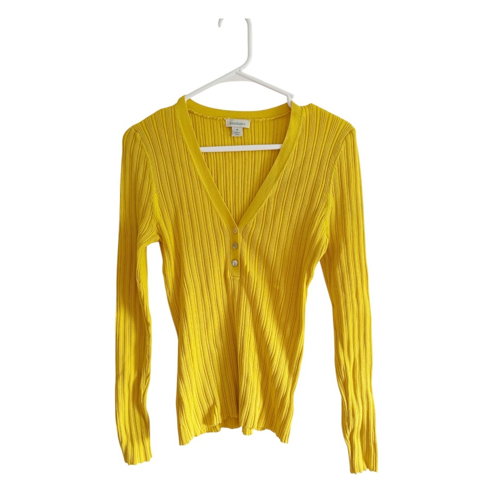 Sundance Yellow Ribbed Organic Cotton Henley V-Neck Sweater Top Medium